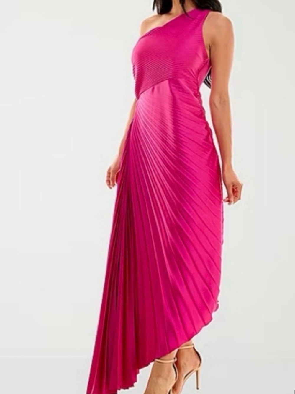 One-Shoulder Pleated Maxi Dress in Fuchsia Pink